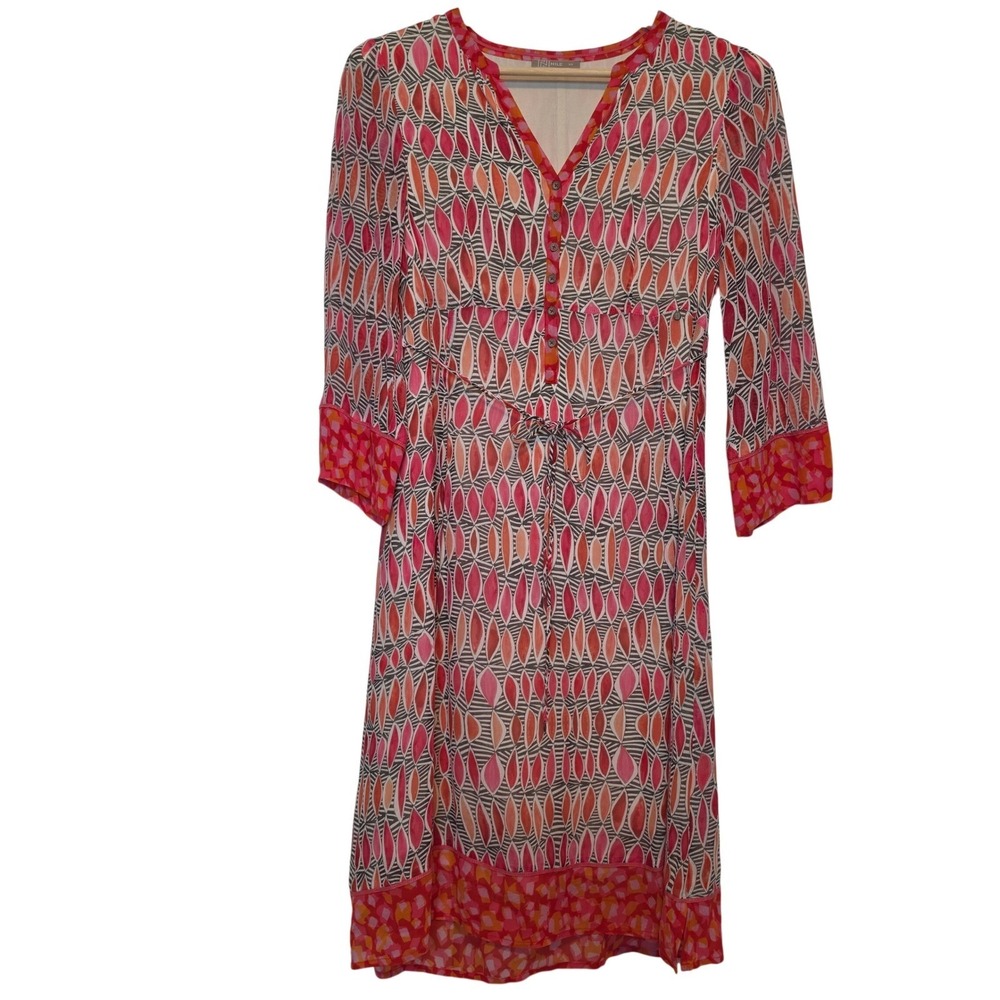 Nile Geometric Leaf Print V-Neck 3/4 Sleeve Pink Orange Shift Dress Size XS